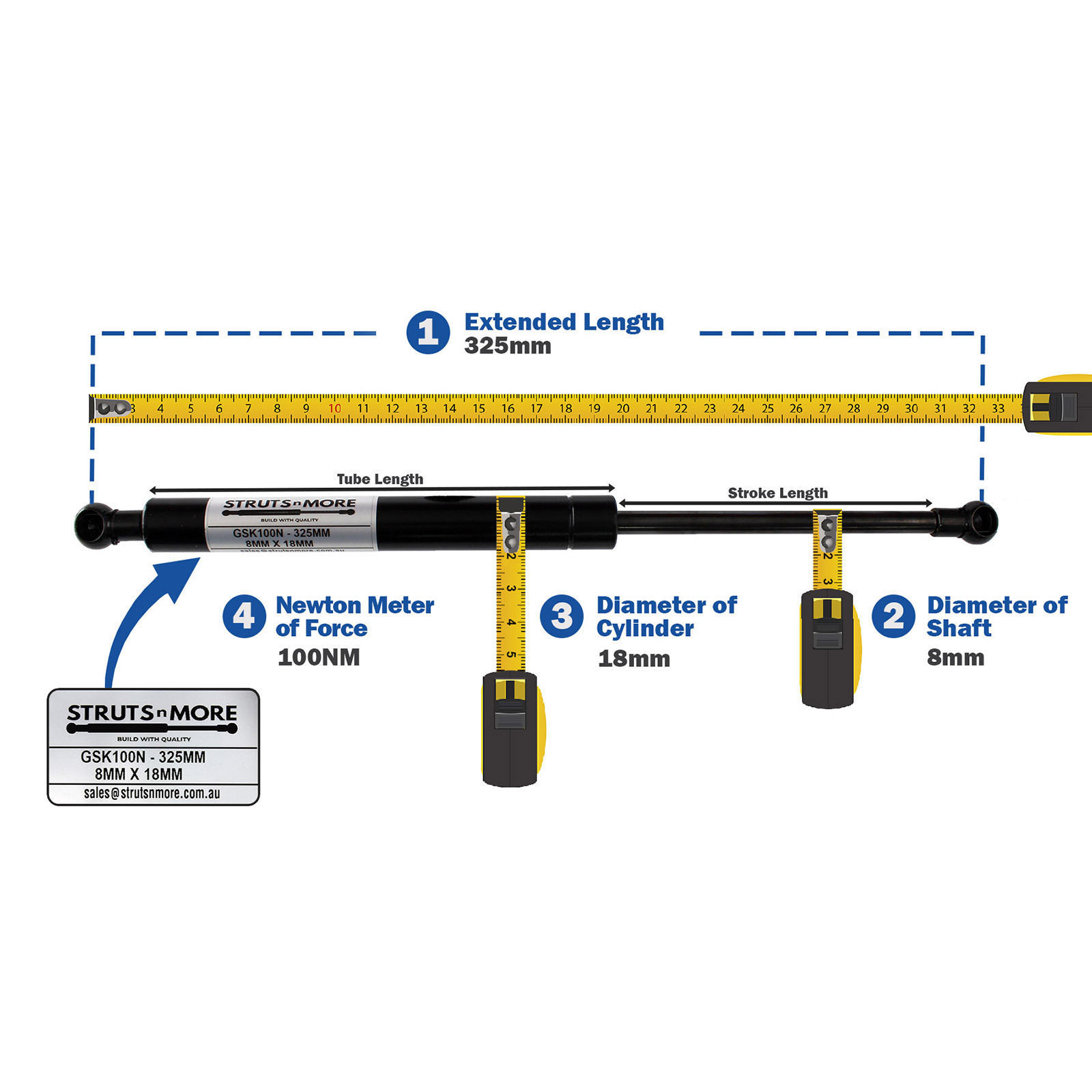 Gas Strut 10mm dia. Shaft x 22mm dia. Tube